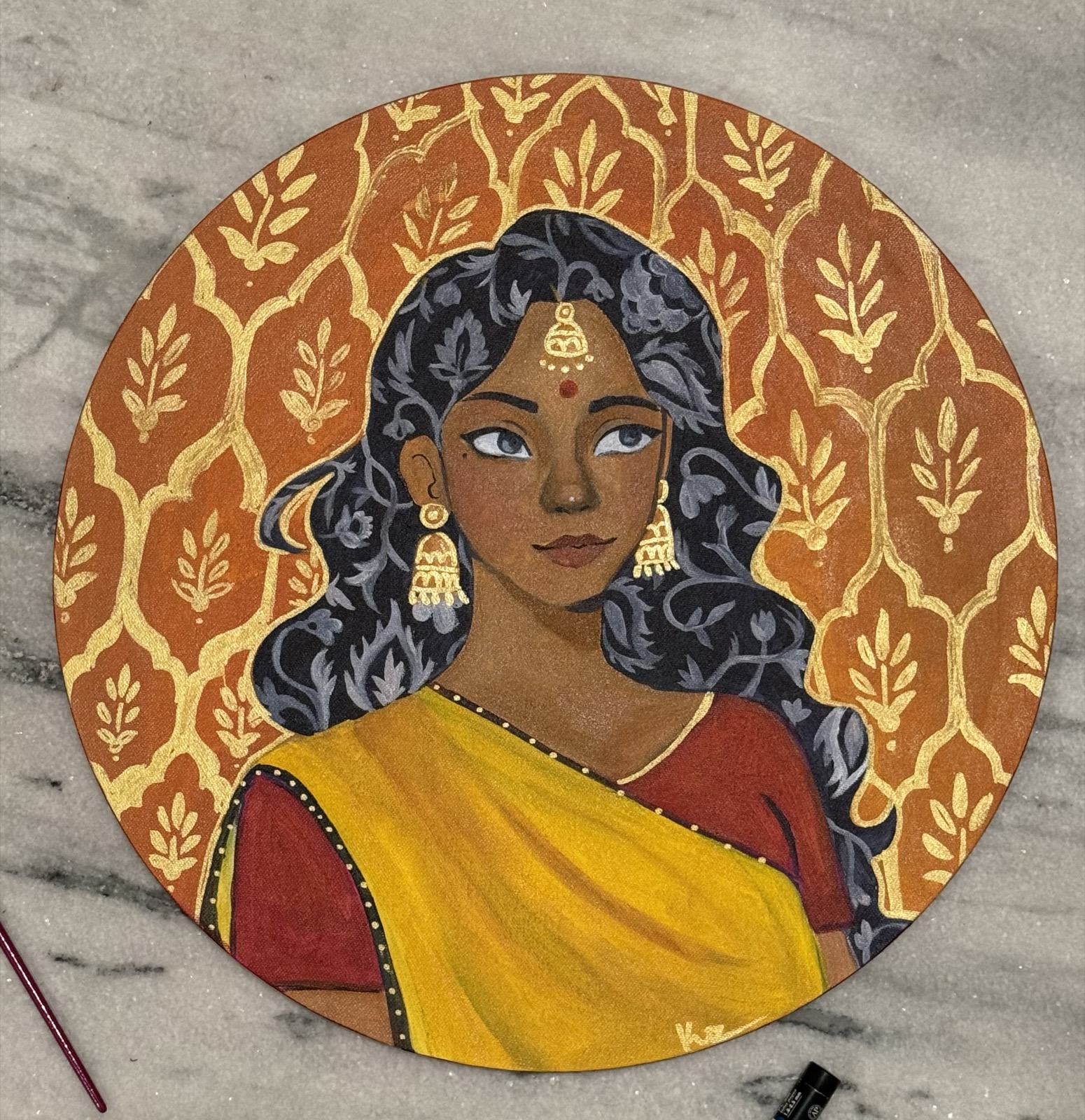 Golden Devotion — circular acrylic portrait on board with gold leaf details and amber floral pattern